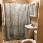 Half bathroom with sink and toilet on the right and shower in front
