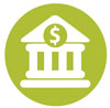 Green and white icon of a bank