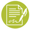 Green and white icon of a paper with a signature