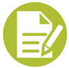 Green and white icon of a paper with a pencil