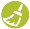 Green and white icon of a broom