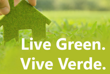 Live Green Vive verde graphic with house cut up in the left